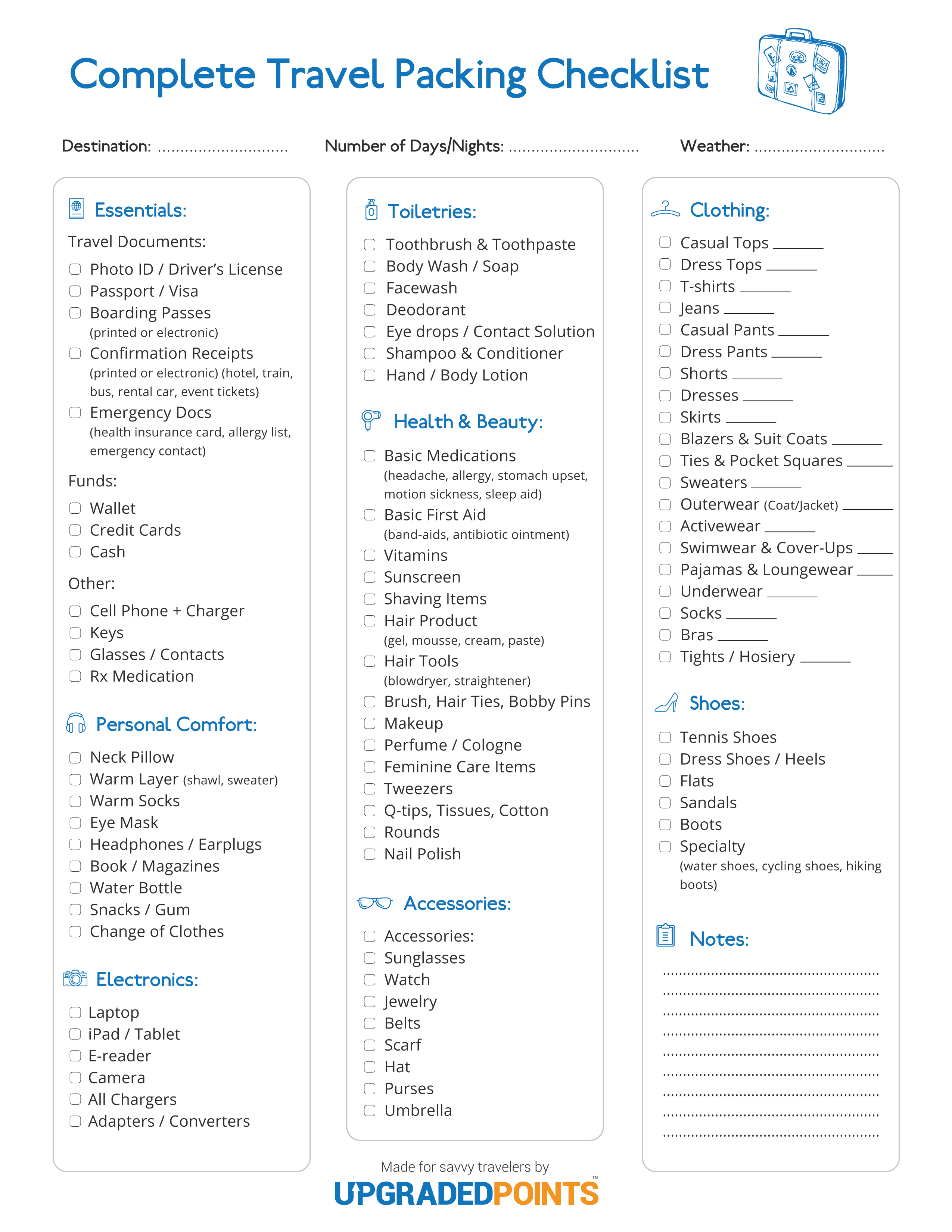 travel packing list template example