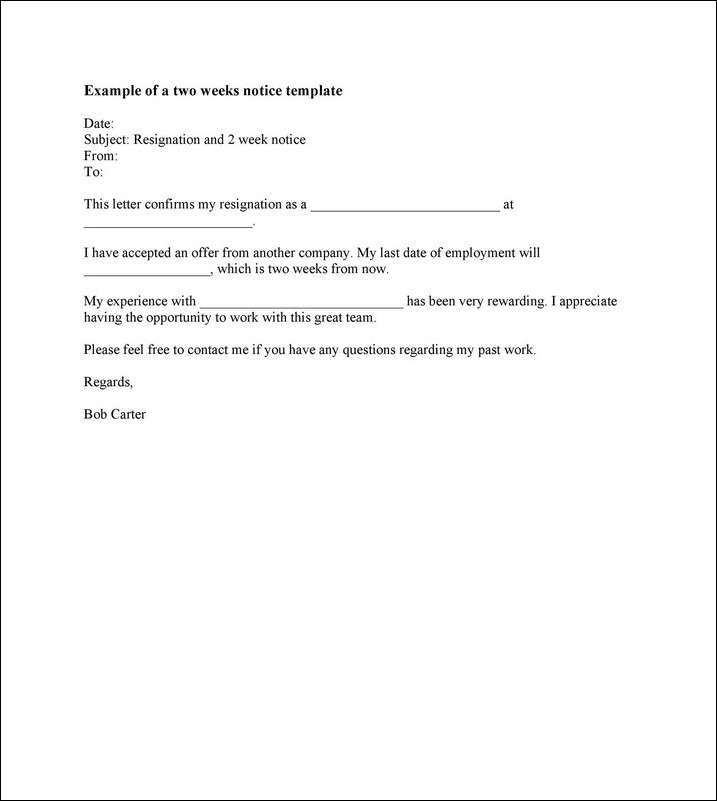 two weeks notice resignation letter template sample