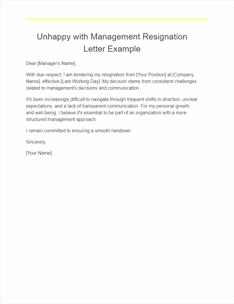 unhappy resignation letter template due to poor management sample