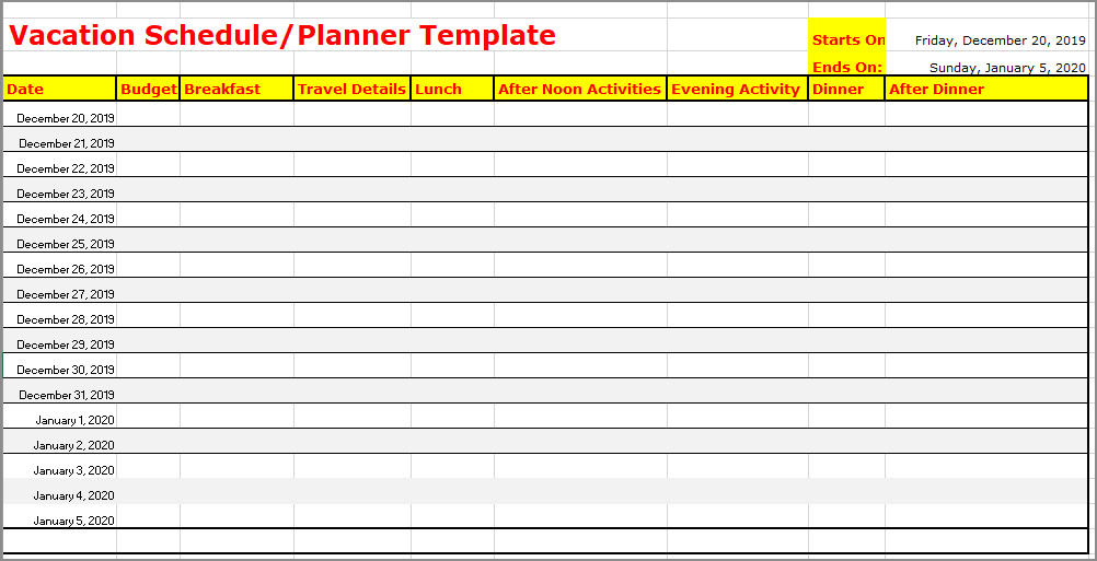 vacation schedule excel template