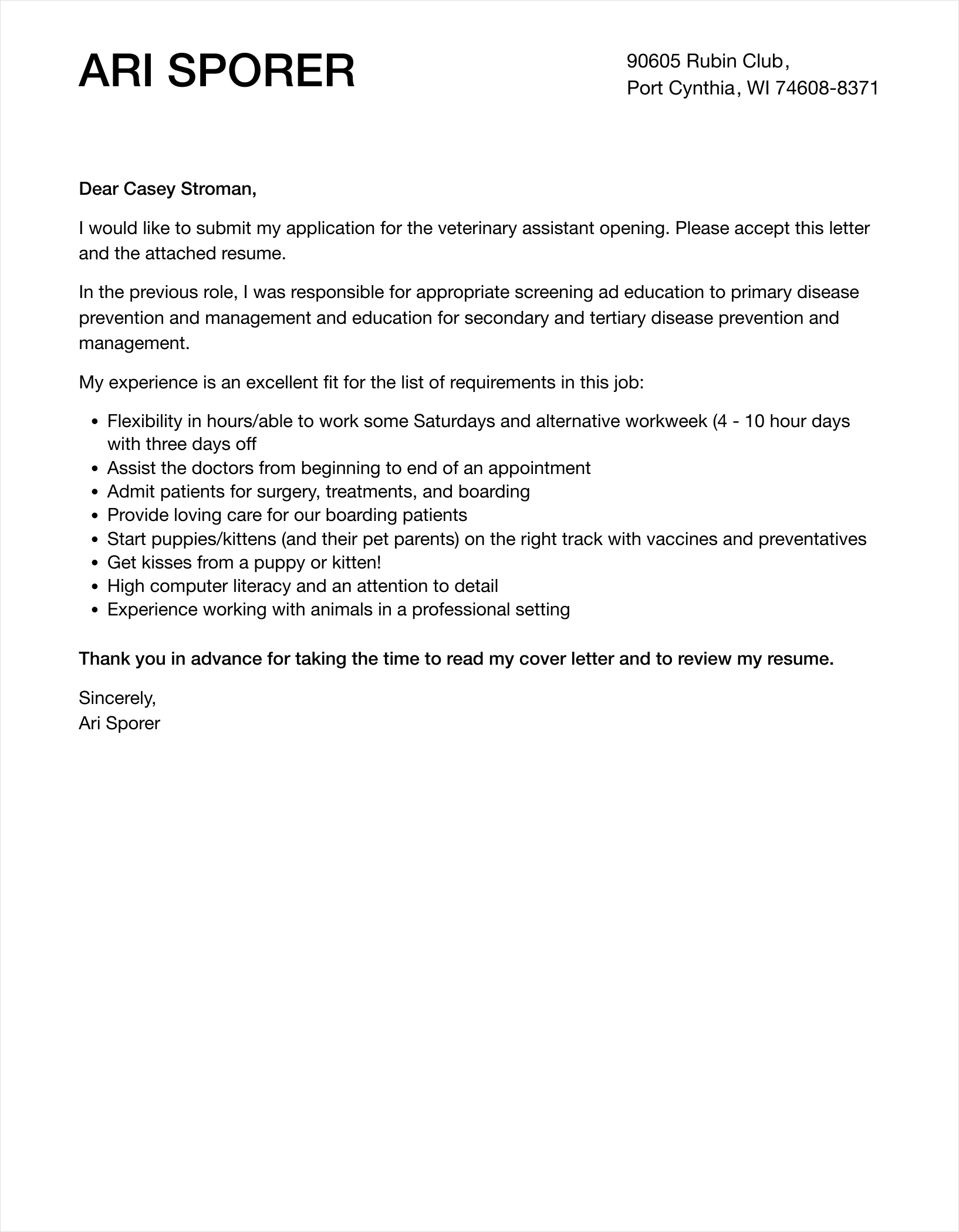 vet assistant cover letter template example