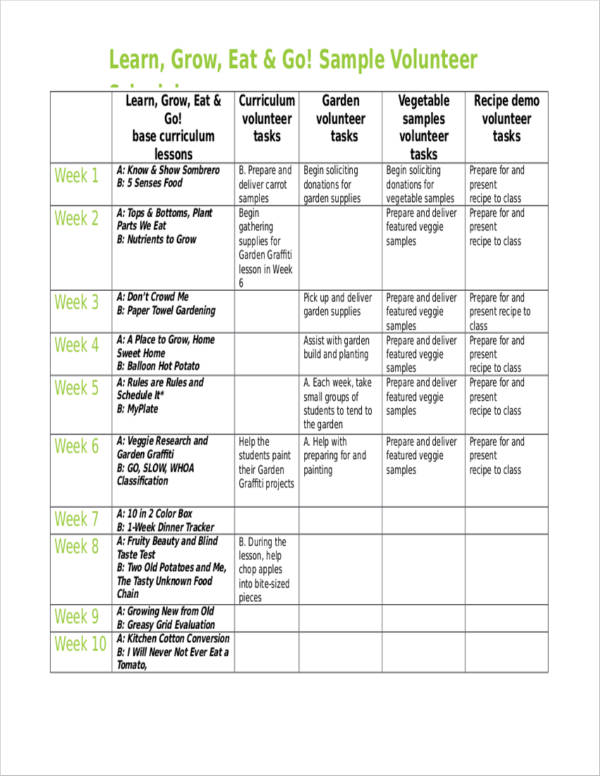 volunteer schedule template sample