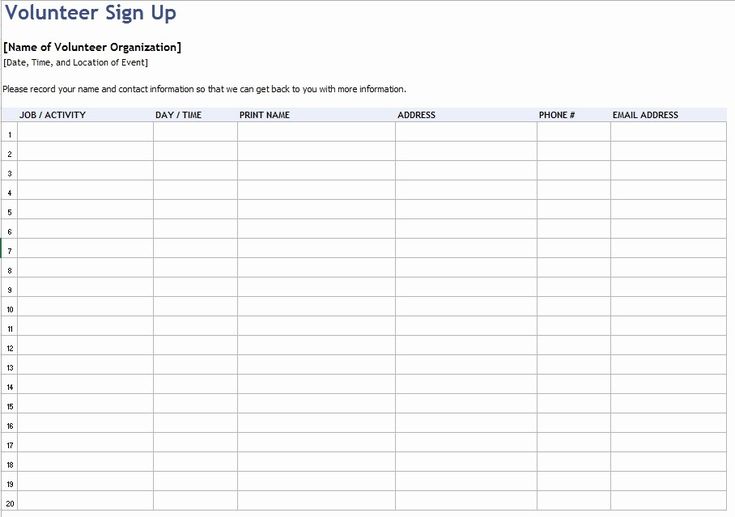 volunteers sign-up sheet template sample
