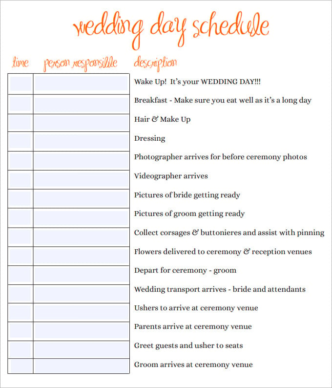 wedding day time schedule template sample