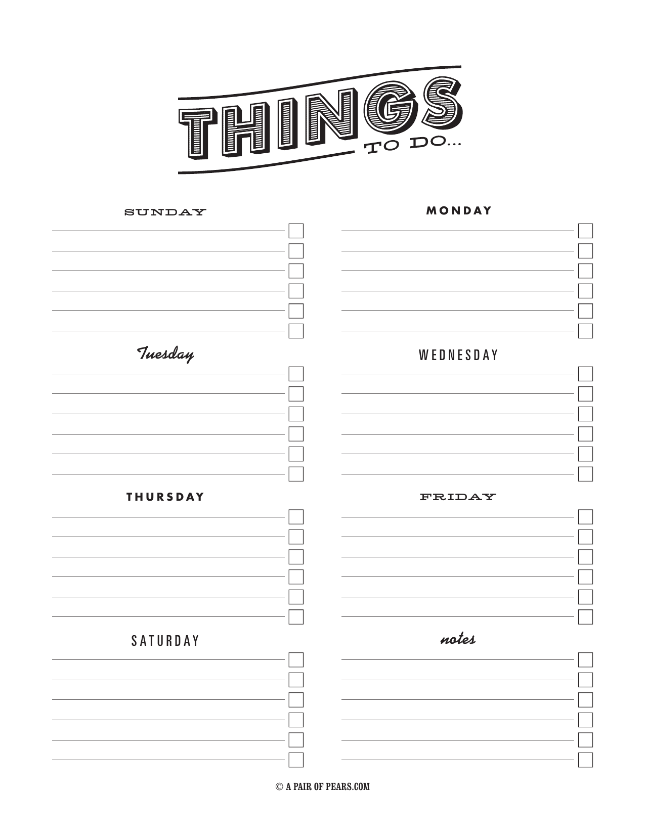 weekly checklist template sample