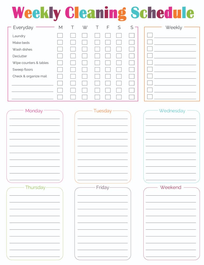 weekly cleaning schedule template example