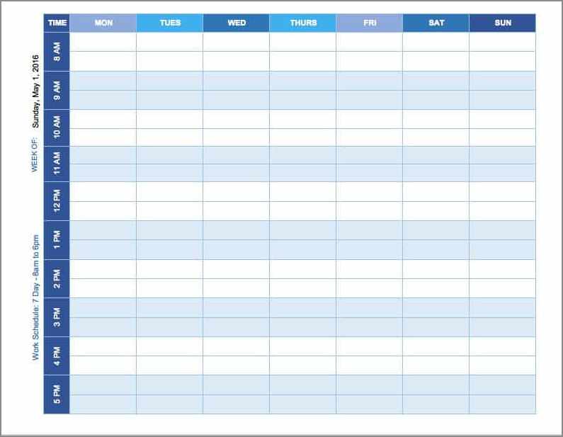 weekly schedule template with hours sample