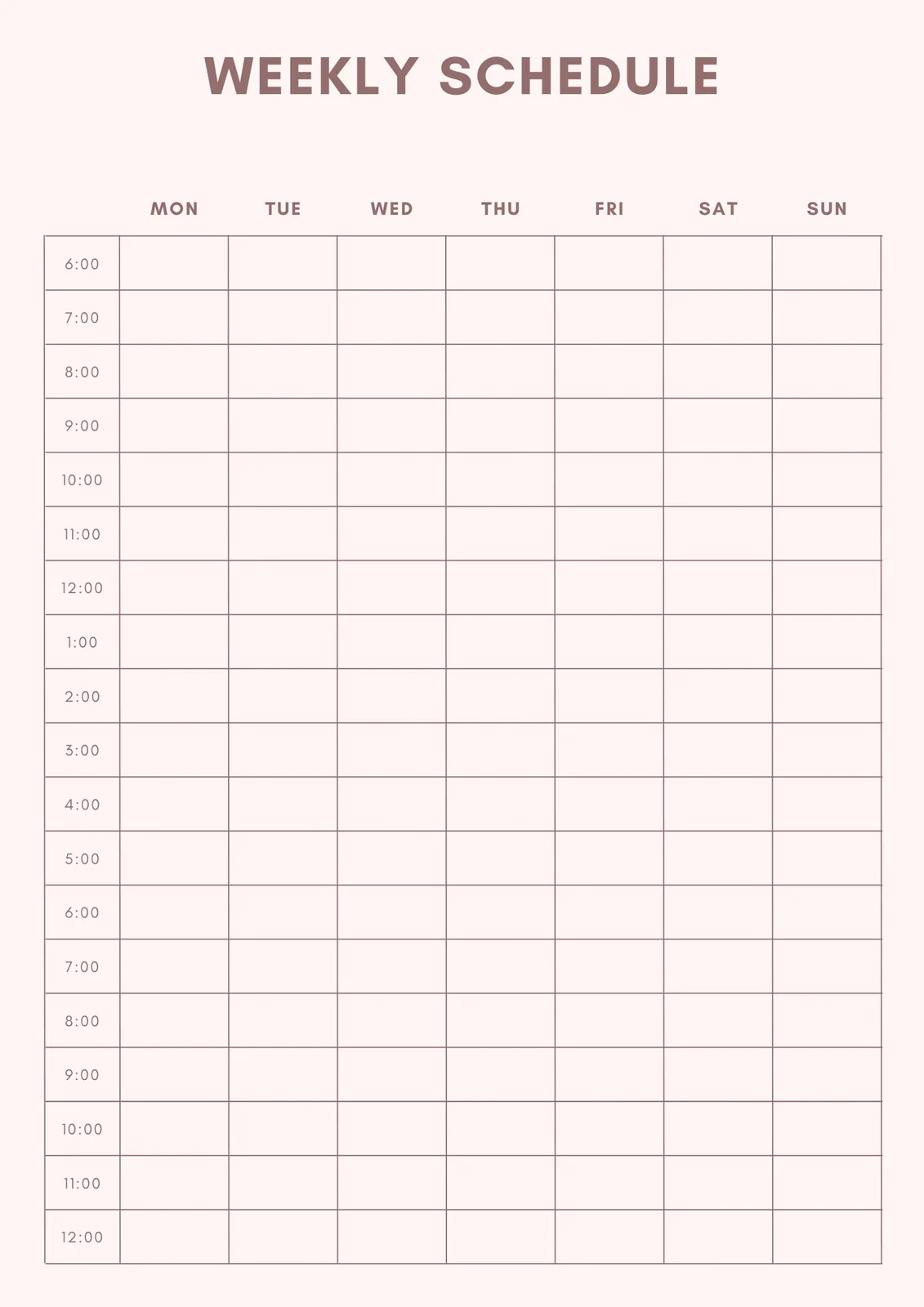 weekly schedule template with hours