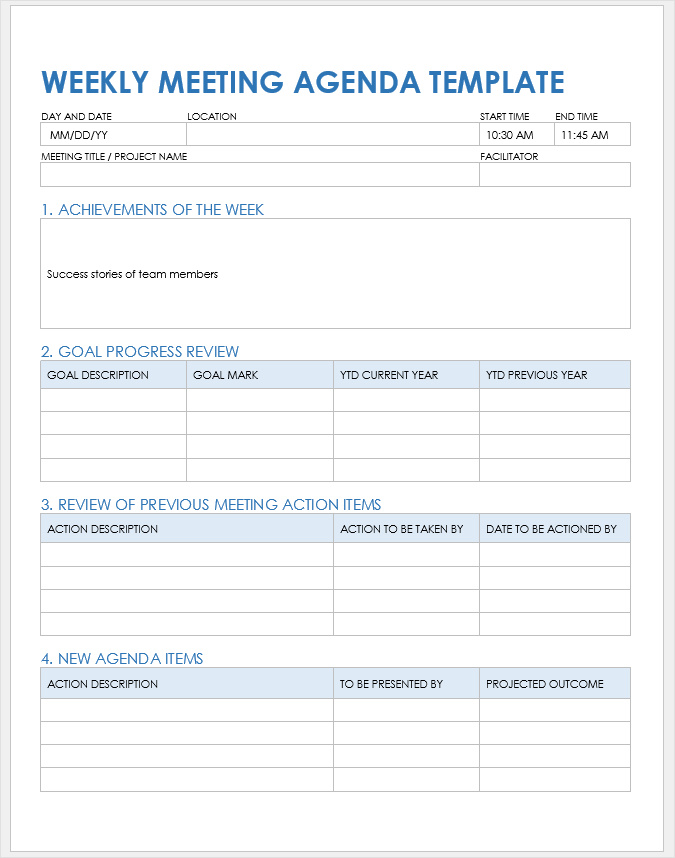 weekly team meeting agenda template example