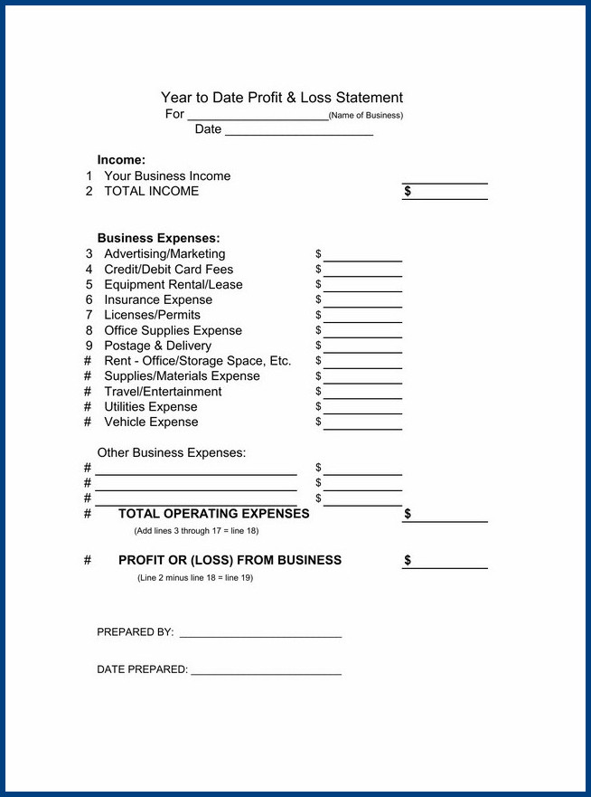 year to date profit and loss statement template sample